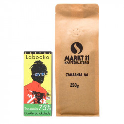 Inhalt Geschenkbox: Tansania Kaffee (250g) & Zotter Labooko Schokolade Tansania - Kaffee Shop Markt 11