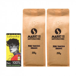 Inhalt Geschenkbox: Peru Yanesha Kaffee (500g) & Zotter Labooko Schokolade Peru - Kaffee Shop Markt 11
