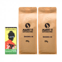 Inhalt Geschenkbox: Tansania Kaffee (500g) & Zotter Labooko Schokolade Tansania - Kaffee Shop Markt 11