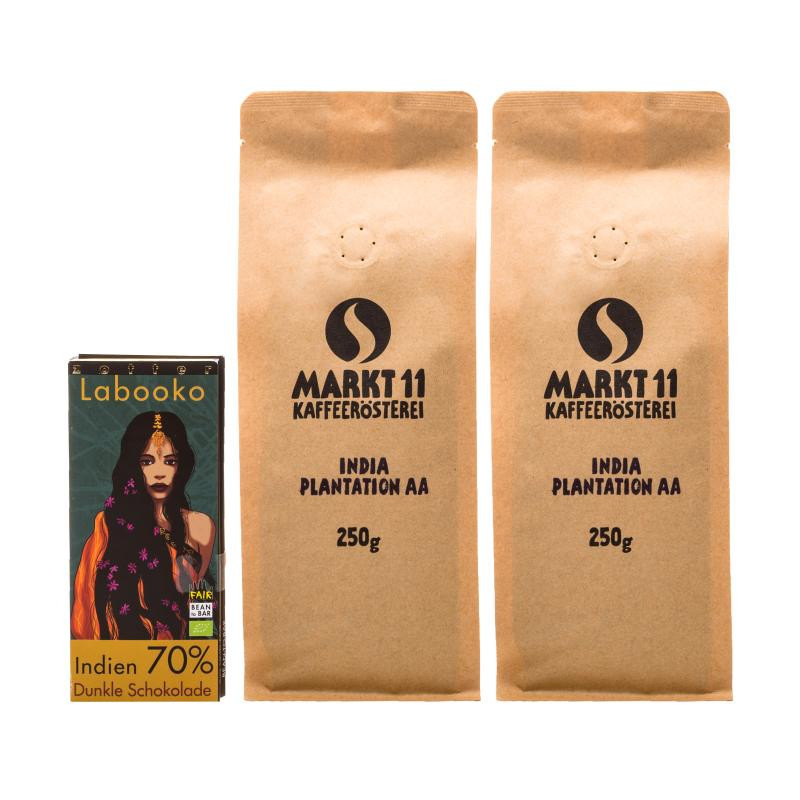 Inhalt Geschenkbox: India Plantation Kaffee (500g) & Zotter Labooko Schokolade Indien - Kaffee Shop Markt 11