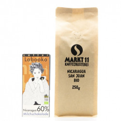 Inhalt Geschenkbox: Bio-Nicaragua San Juan Kaffee (250g) & Zotter Labooko Schokolade Nicaragua - Kaffee Shop Markt11