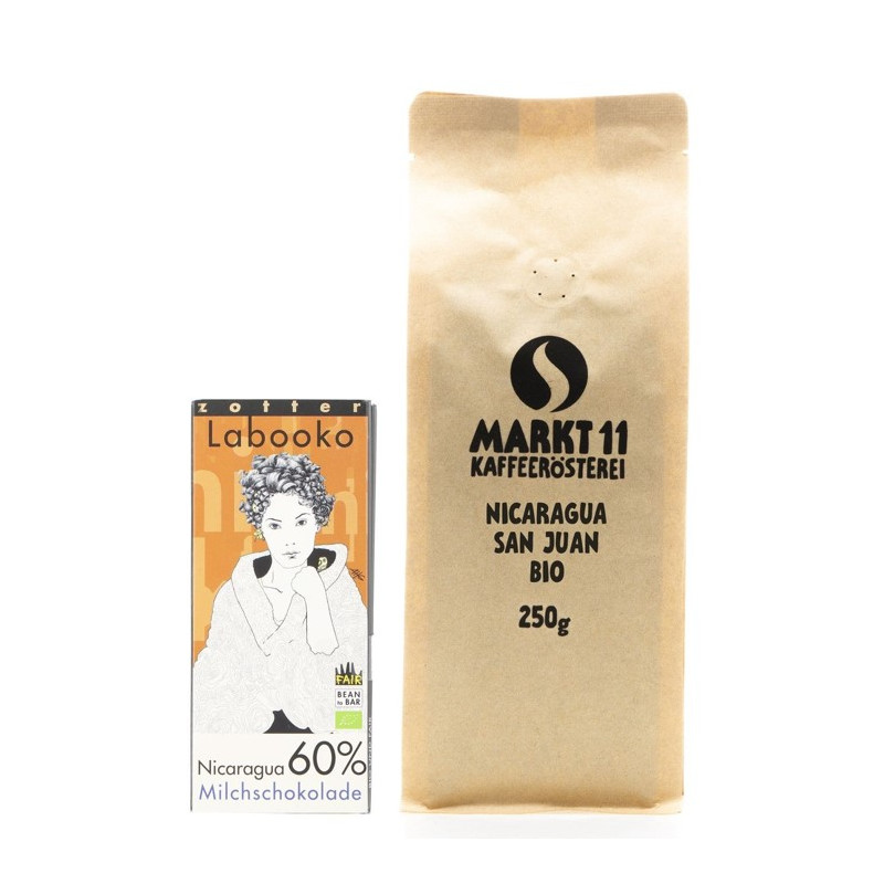 Inhalt Geschenkbox: Bio-Nicaragua San Juan Kaffee (250g) & Zotter Labooko Schokolade Nicaragua - Kaffee Shop Markt11