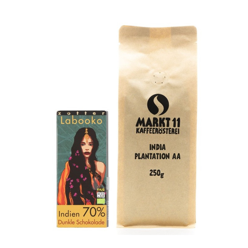 Inhalt Geschenkbox: India Plantation Kaffee (250g) & Zotter Labooko Schokolade Indien - Kaffee Shop Markt11