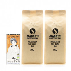 Inhalt Geschenkbox: Bio-Nicaragua San Juan Kaffee (500g) & Zotter Labooko Schokolade Nicaragua - Kaffee Shop Markt11