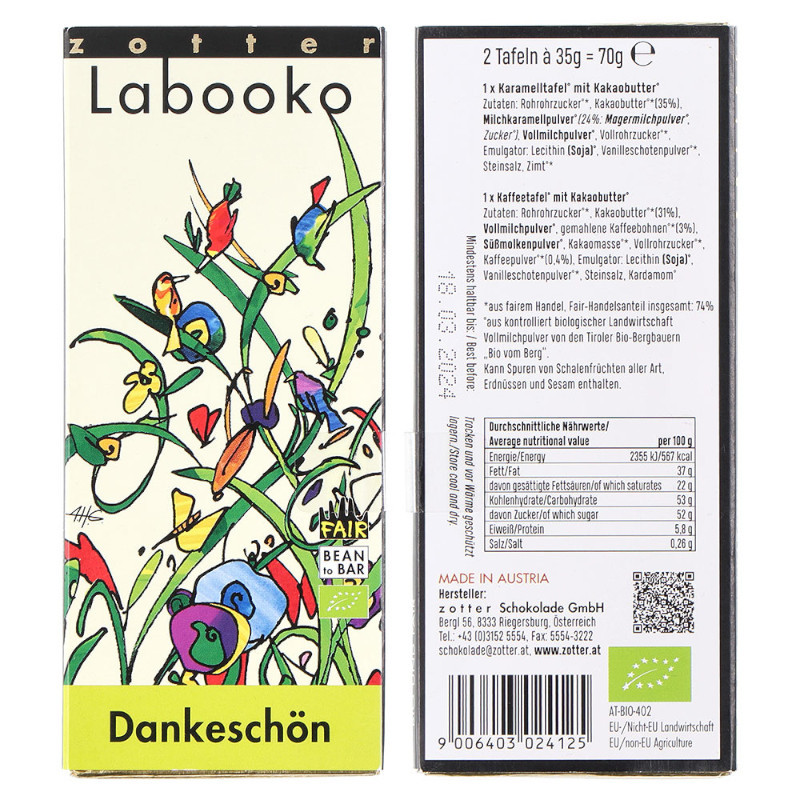 Zotter Schokolade "Dankeschön" - Frontansicht -  Kaffeerösterei Markt 11