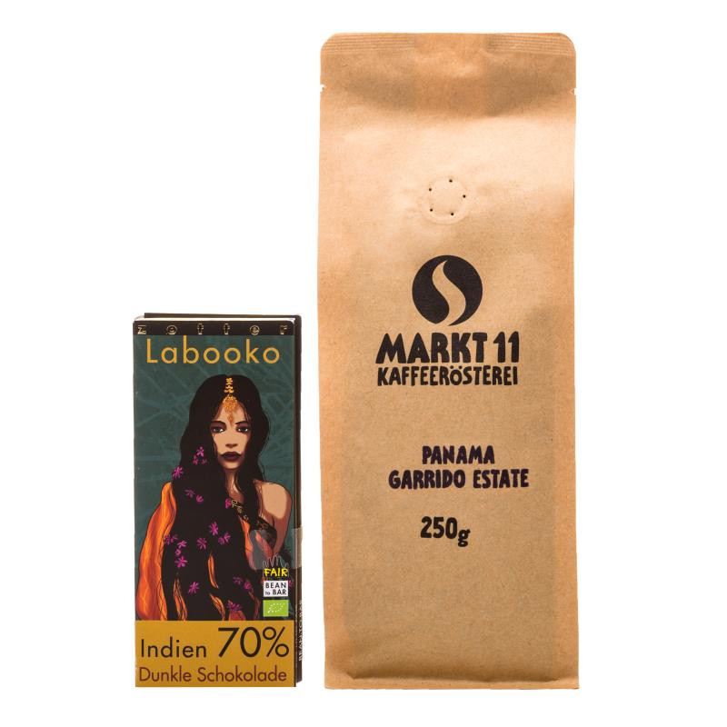 Geschenkbox Kaffee (250g) & Zotter Labooko Schokolade Indien 70% Dunkle Schokolade